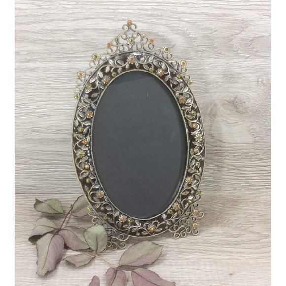 Ornament Oval Photo Frame Decorative Jeweled Photo Display Stones Floral Pattern - Picture 1 of 13